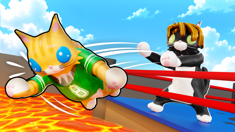 Orange cat in a green jersey lunging at a black-and-white cat, with lava outside the ring.